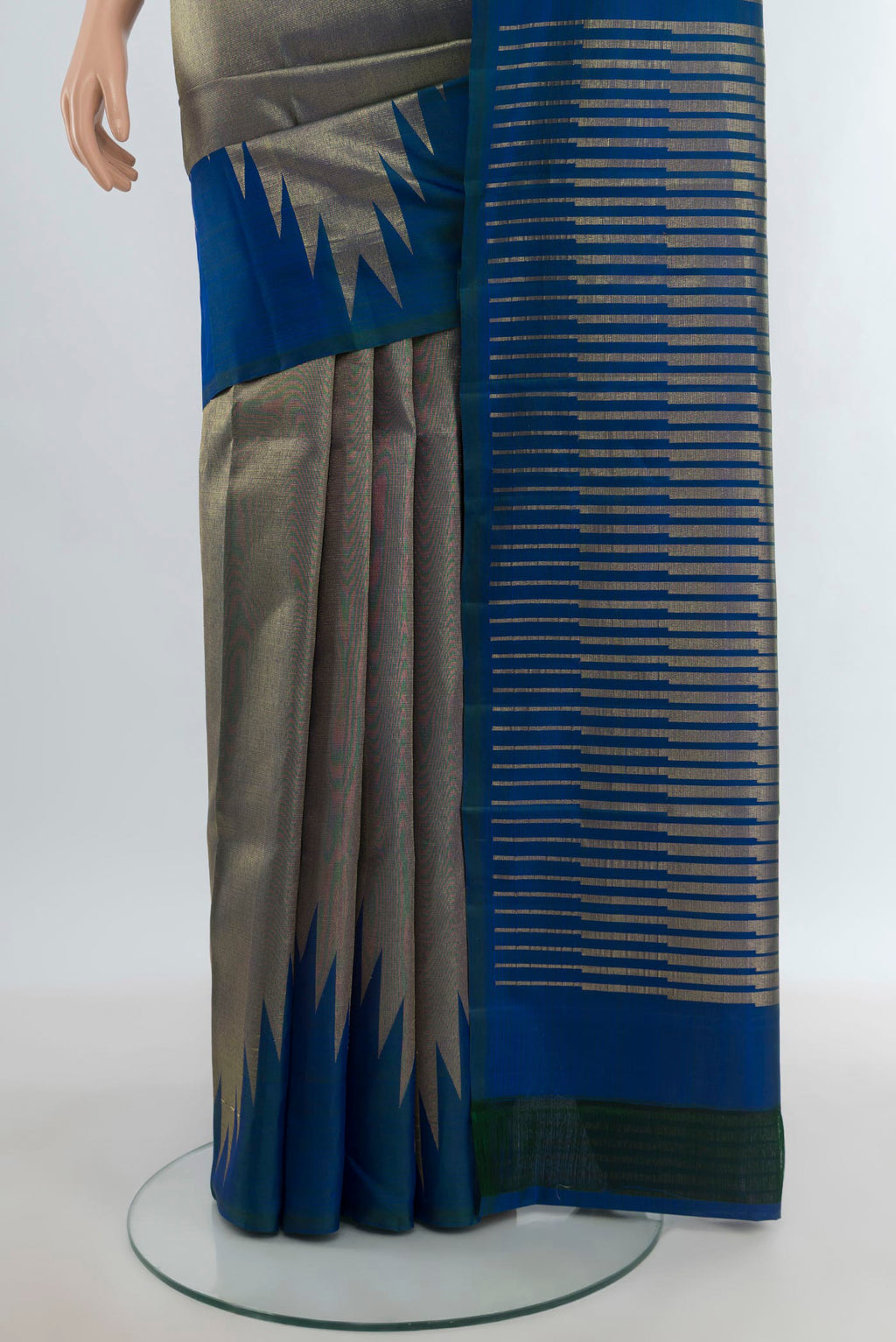 Pleats and pallu of Peacock Blue Kanjivaram Silk Saree with Zari Brocade on the body and Temple Border. 