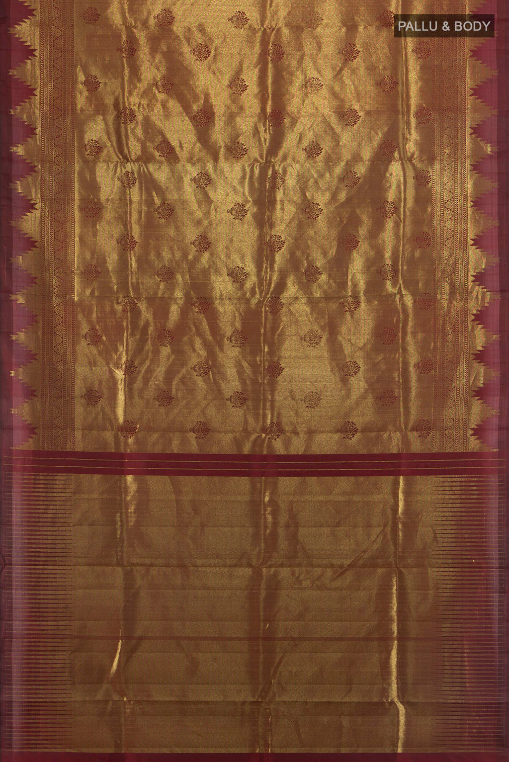 Flat view of Pure Silk Coffee Brown Kanjivaram Saree with Zari Butta on the body and Silk Border. 