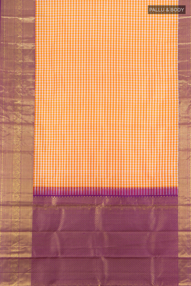 Flat view of Multi Color Kanjivaram Silk Saree with Zari Butta on the body and Silk Border. 