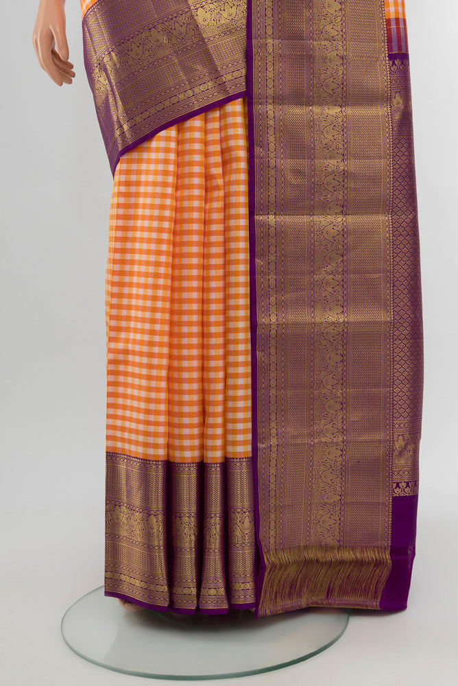 Pleats and pallu of Multi Color Kanjivaram Silk Saree with Zari Butta on the body and Silk Border. 