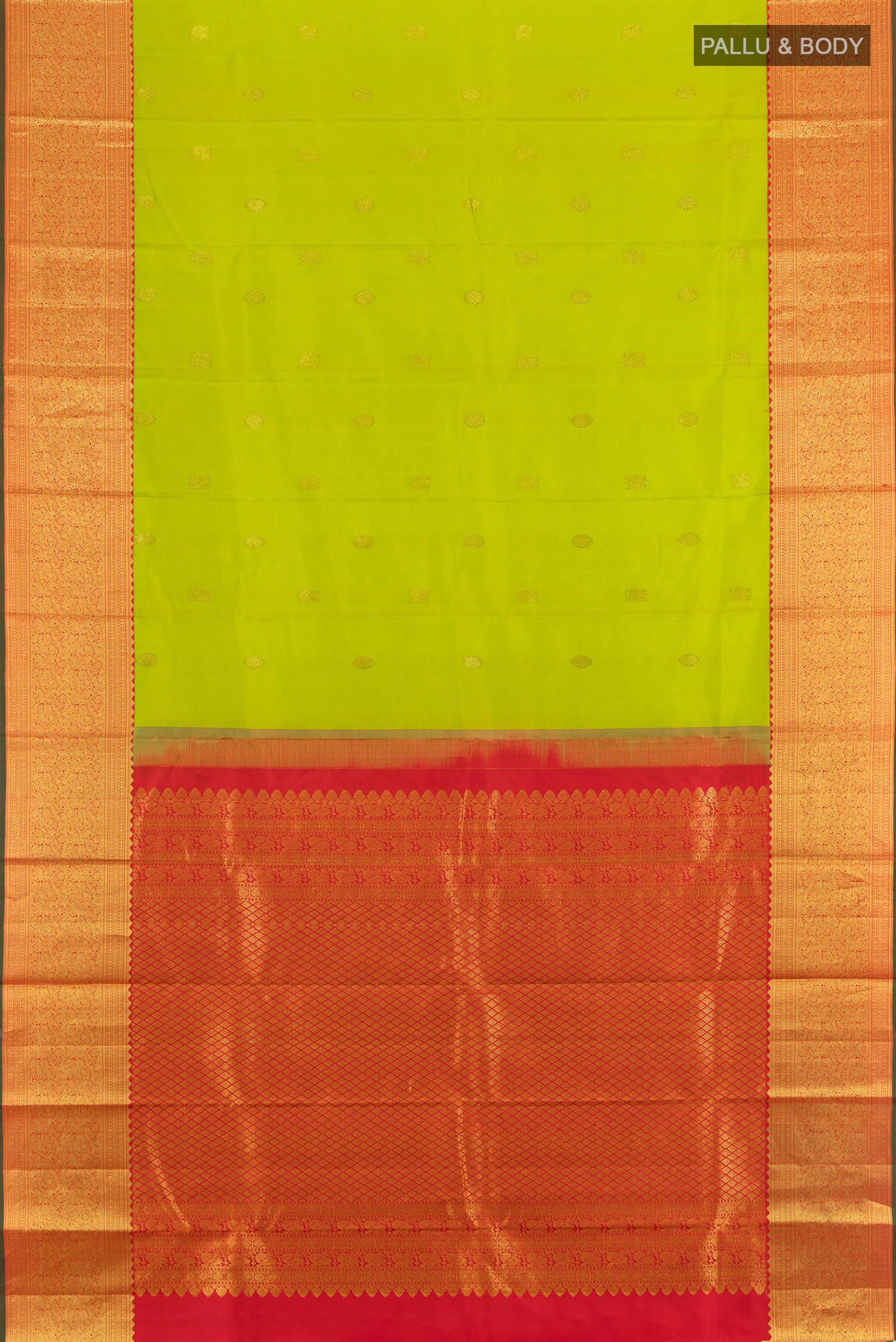 Flat view of Parrot Green Kanjivaram Silk Saree with Zari Butta on the body and Zari Border. 