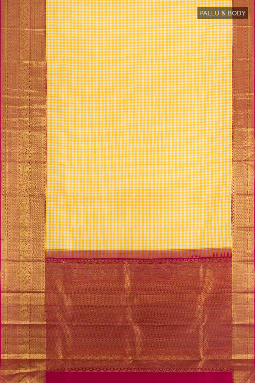 Flat view of Pure Silk Yellow Kanjivaram Saree with Checked design on the body and Zari Border. 