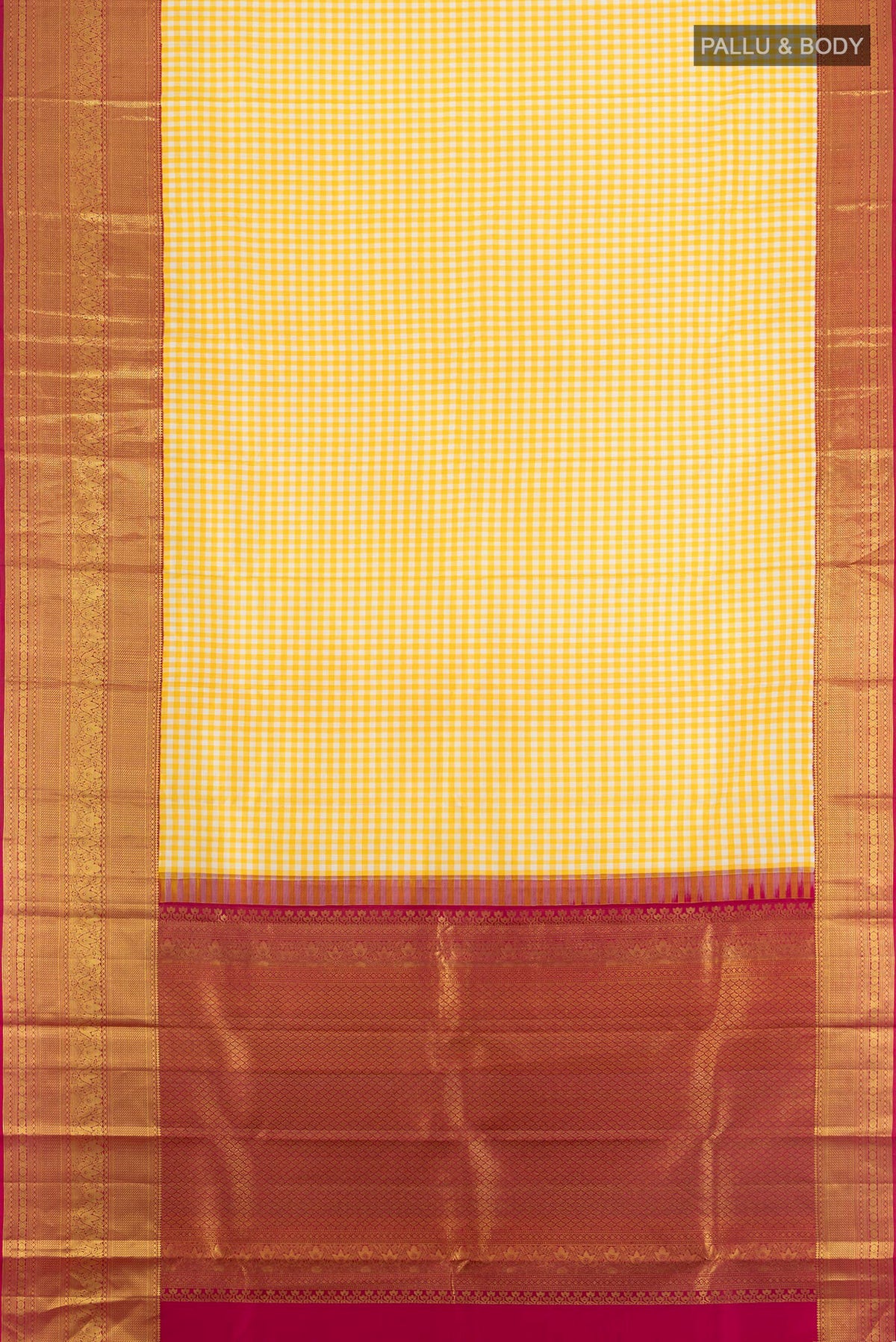 Flat view of Pure Silk Yellow Kanjivaram Saree with Checked design on the body and Zari Border. 
