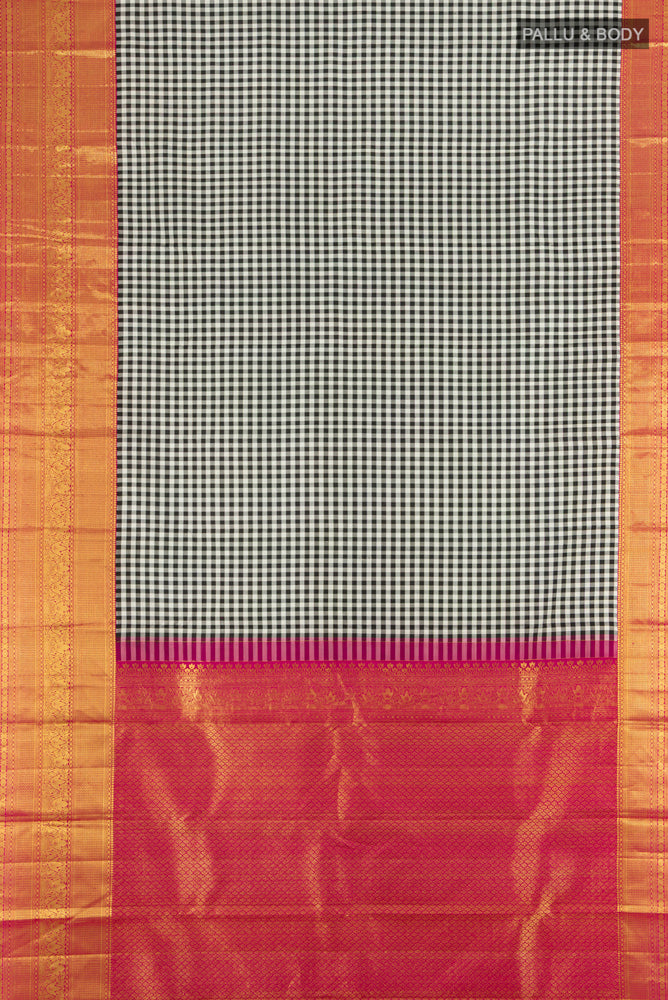 Flat view of Multi Color Kanjivaram Silk Saree with Checked design on the body and Silk Border. 