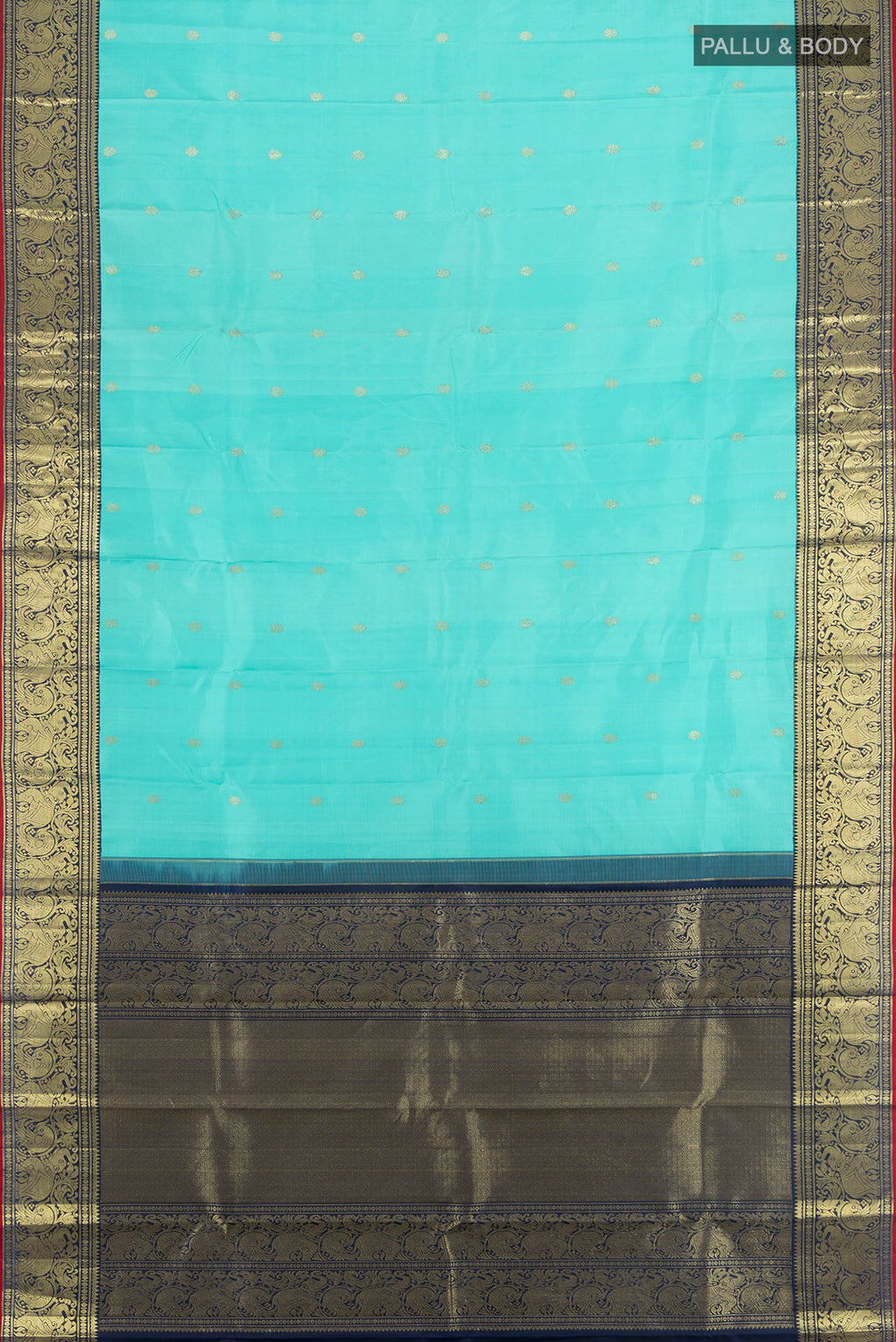 Flat view of Pure Silk Turquoise Kanjivaram Saree with Zari Butta on the body and Zari Border. 