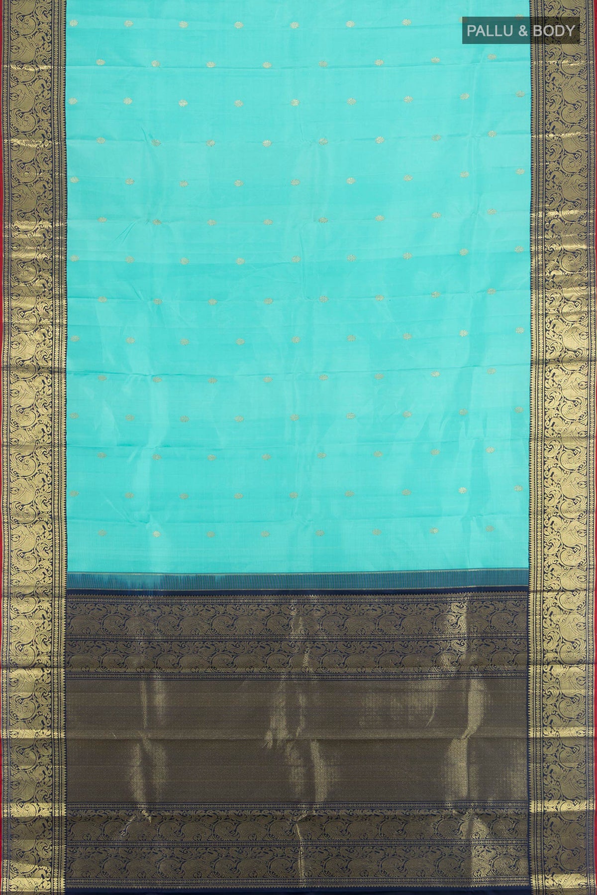 Flat view of Pure Silk Turquoise Kanjivaram Saree with Zari Butta on the body and Zari Border. 