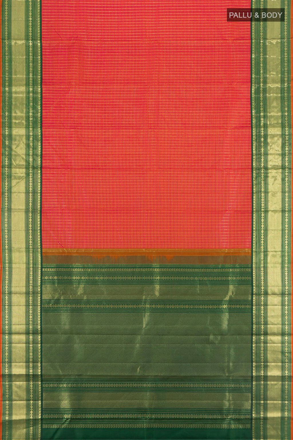 Flat view of Orange Kanchipuram Silk Saree with Checked design on the body and Zari Border. 