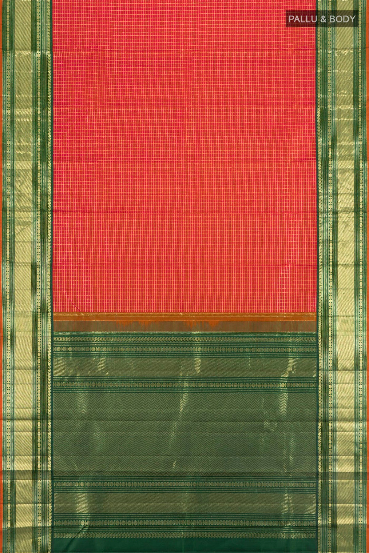 Flat view of Orange Kanchipuram Silk Saree with Checked design on the body and Zari Border. 