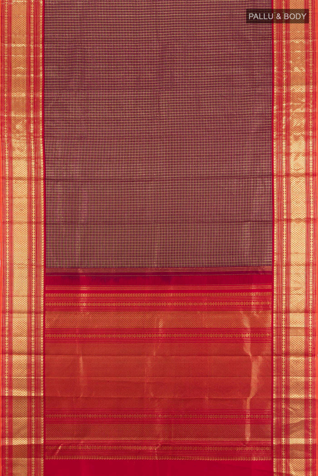 Flat view of Coffee Brown Kanchipuram Silk Saree with Checked design on the body and Zari Border. 