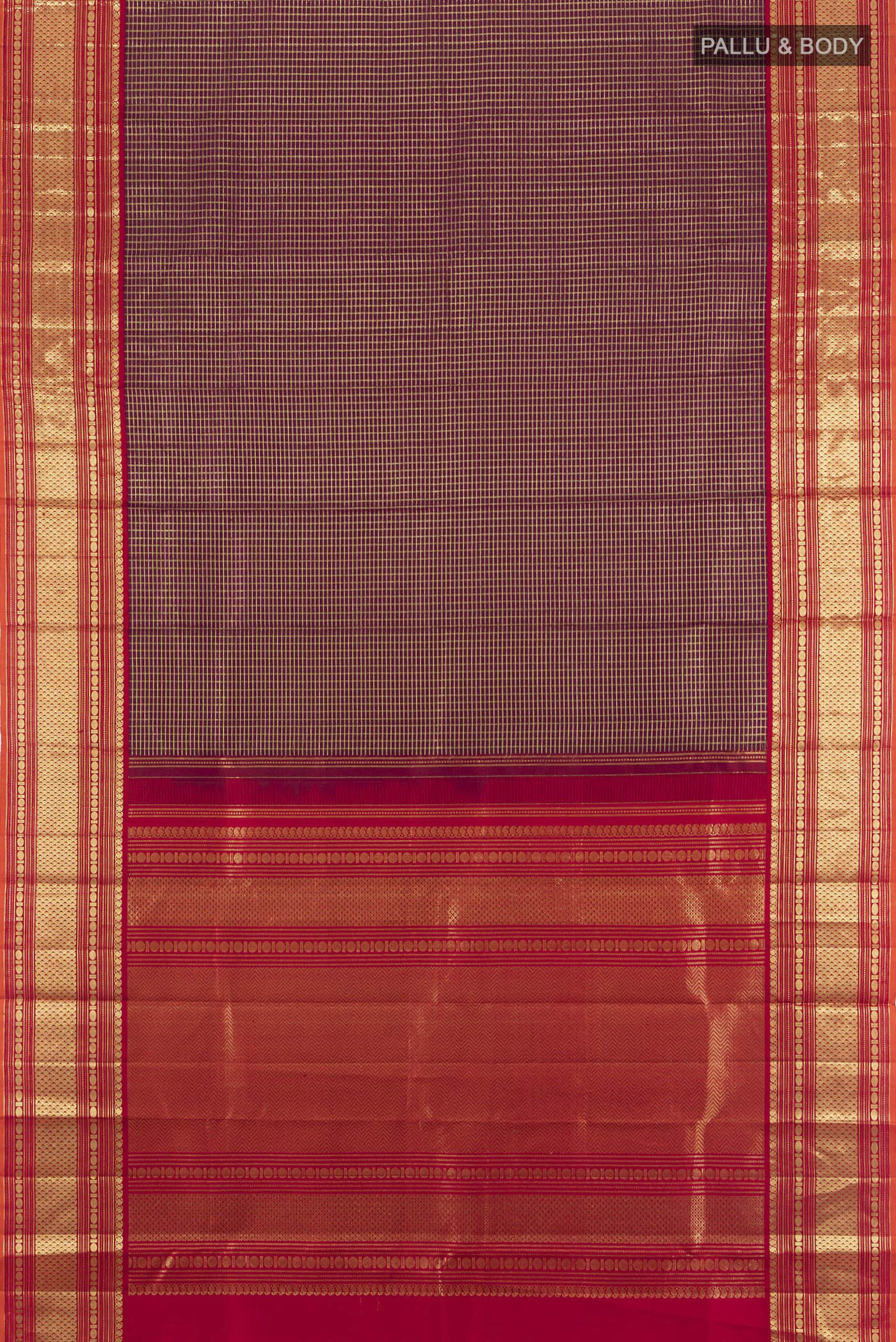Flat view of Coffee Brown Kanchipuram Silk Saree with Checked design on the body and Zari Border. 