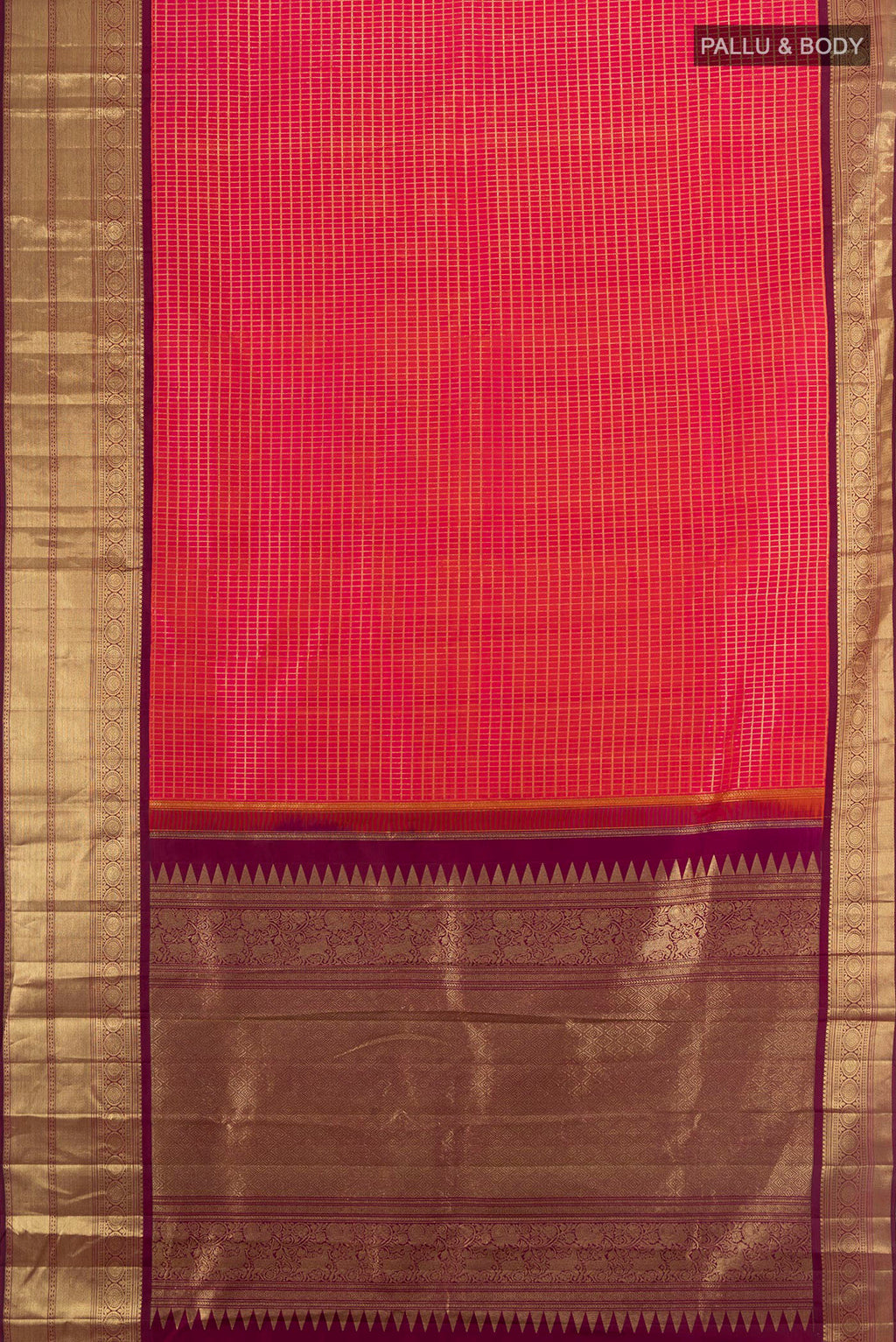 Flat view of Pink Kanchipuram Silk Saree with Zari Butta on the body and Zari Border. 