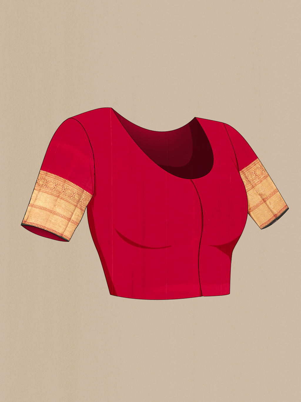 Close up image of the blouse of Pure Silk Sandal Kanchipuram Saree with Checked design on the body and Zari Border. 