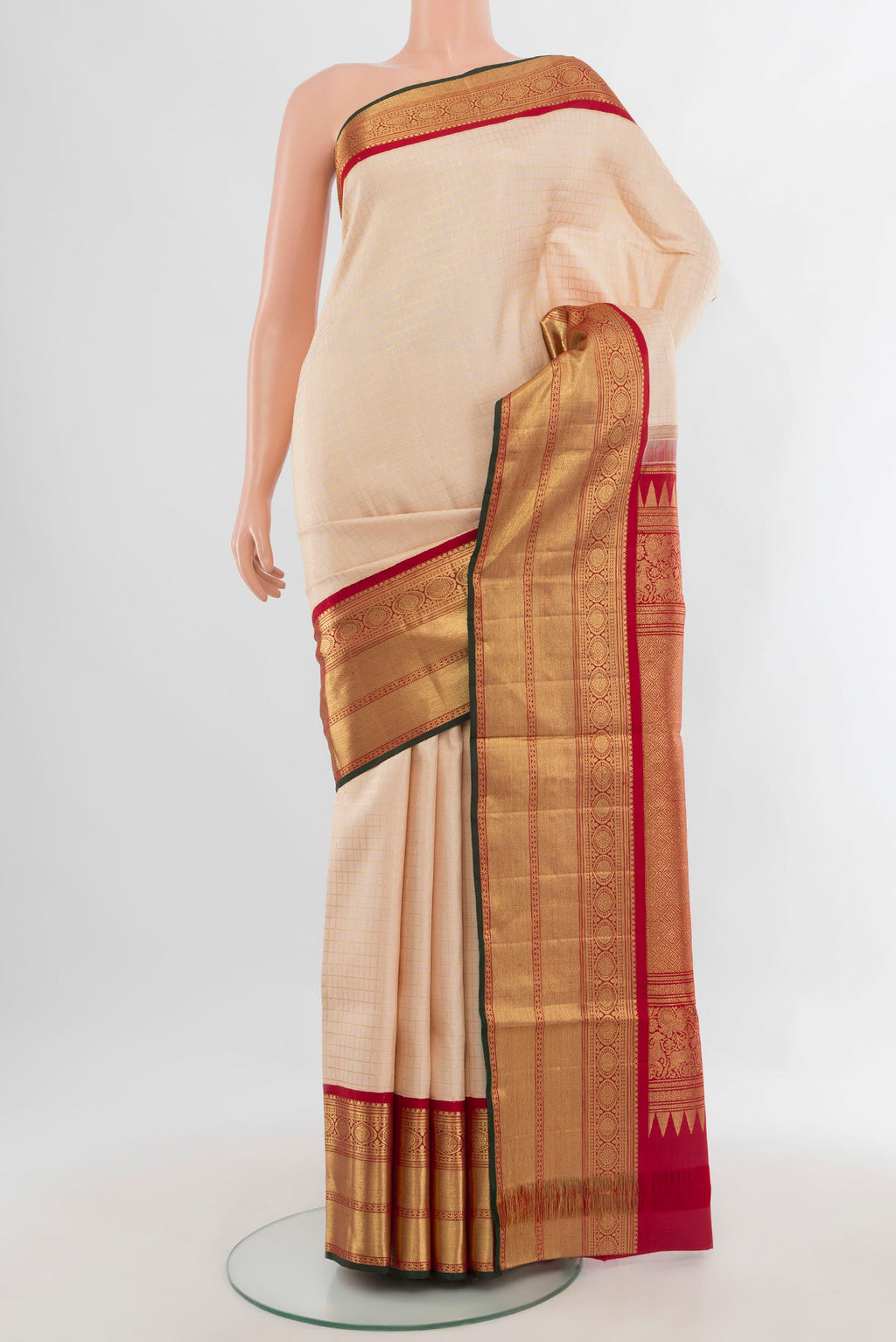 Pure Silk Sandal Kanchipuram Saree with Checked design on the body and Zari Border.  displayed on a mannequin