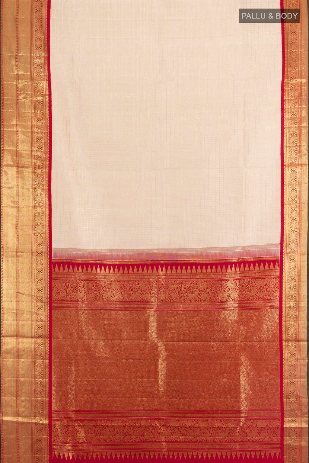 Flat view of Pure Silk Sandal Kanchipuram Saree with Checked design on the body and Zari Border. 