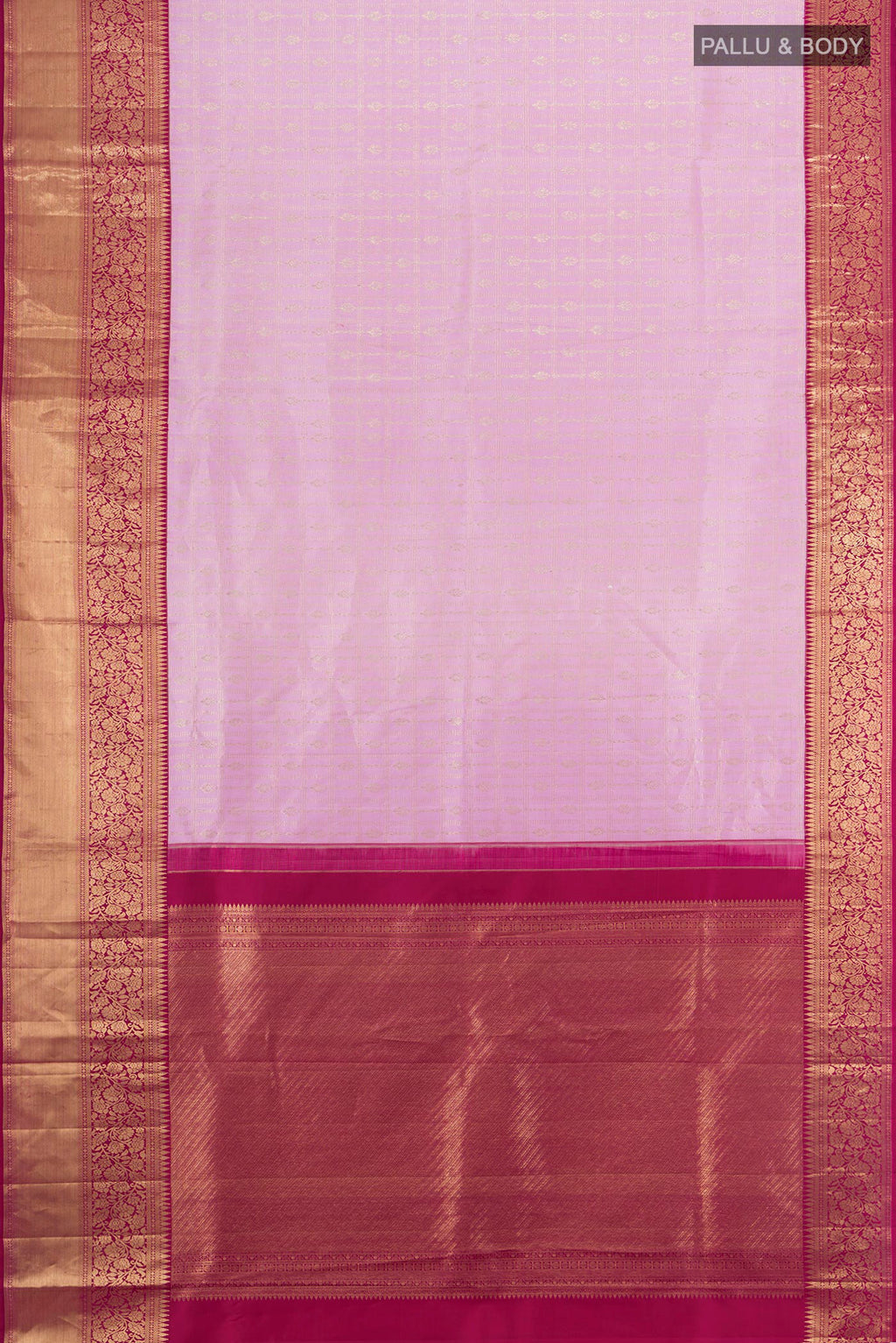 Flat view of Lavender Kanchipuram Silk Saree with Checked design on the body and Zari Border. 