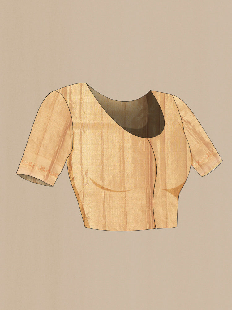Close up image of the blouse of Golden Kanjivaram Silk Saree with Zari Butta on the body and Silk Border. 