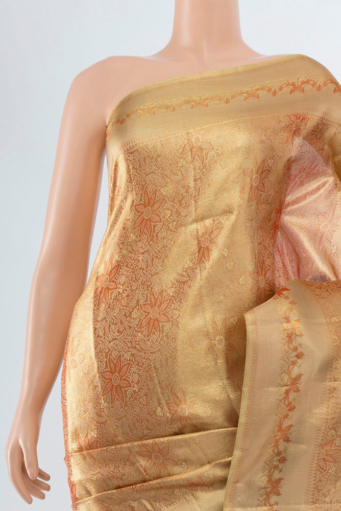 Border image of Golden Kanjivaram Silk Saree with Zari Butta on the body and Silk Border. 