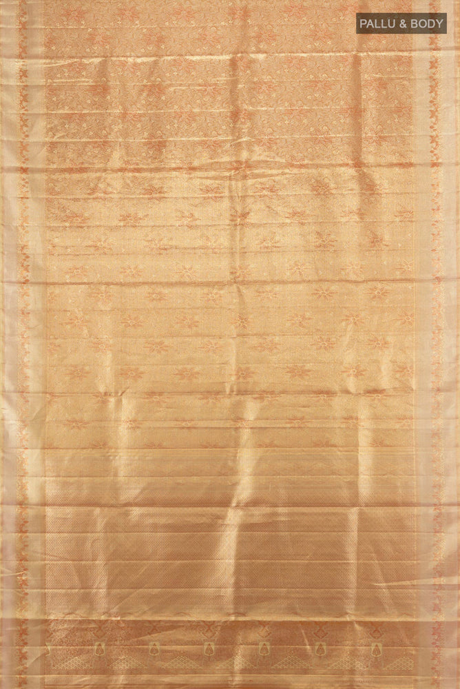 Flat view of Golden Kanjivaram Silk Saree with Zari Butta on the body and Silk Border. 