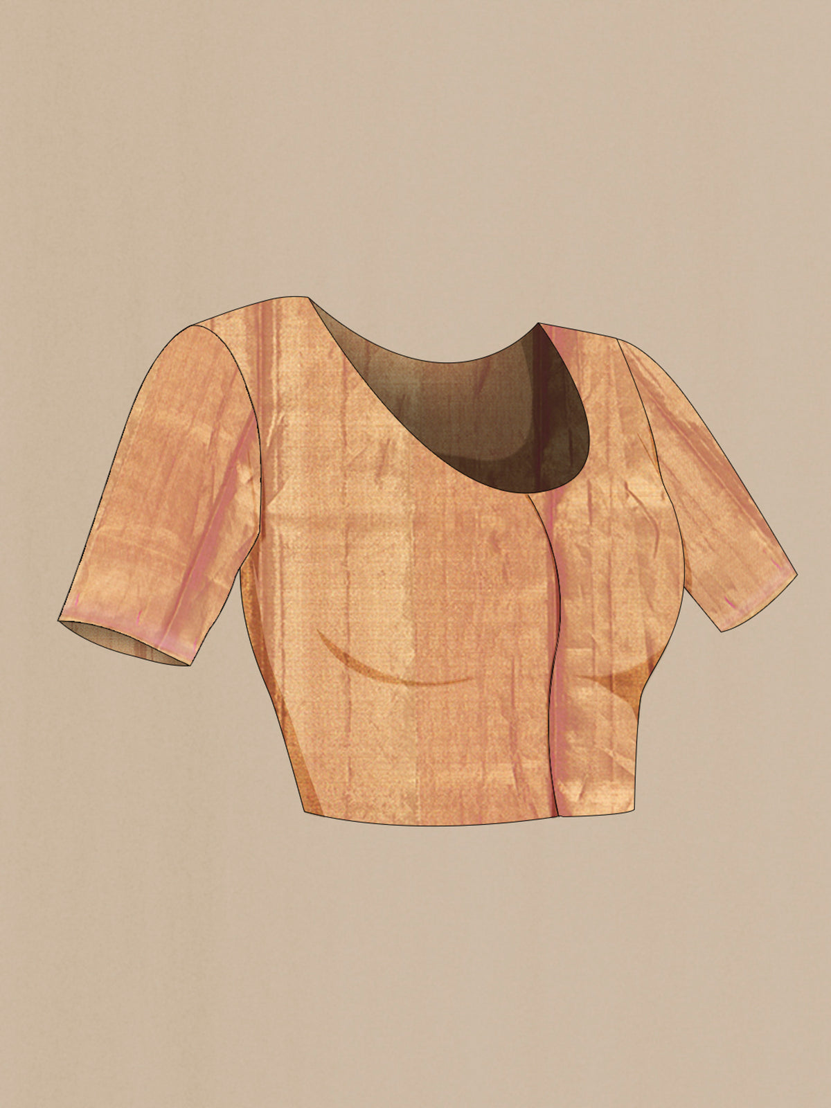 Close up image of the blouse of Rose Gold Kanjivaram Tissue Silk Saree with Zari Brocade on the body and Zari Border. 