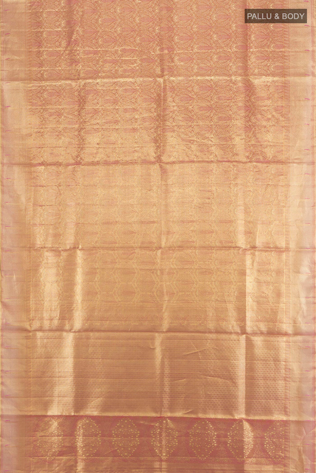 Flat view of Rose Gold Kanjivaram Tissue Silk Saree with Zari Brocade on the body and Zari Border. 