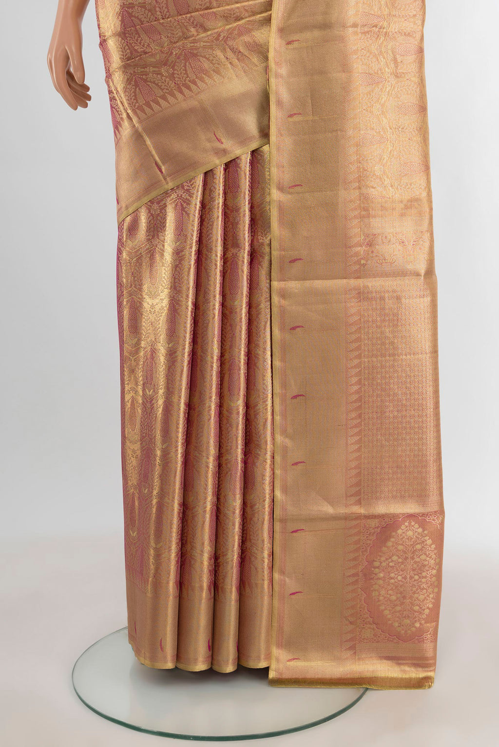 Pleats and pallu of Rose Gold Kanjivaram Tissue Silk Saree with Zari Brocade on the body and Zari Border. 