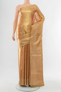 Pure Silk Pure Zari Golden Kanjivaram Saree with Zari Brocade on the body and Silk Border.  displayed on a mannequin