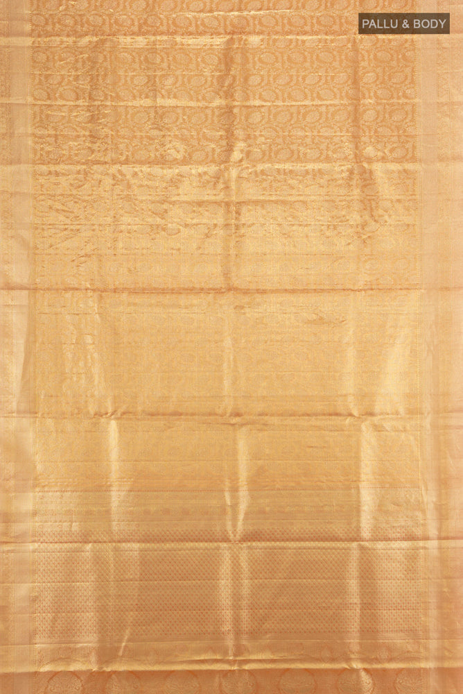 Flat view of Pure Silk Pure Zari Golden Kanjivaram Saree with Zari Brocade on the body and Silk Border. 