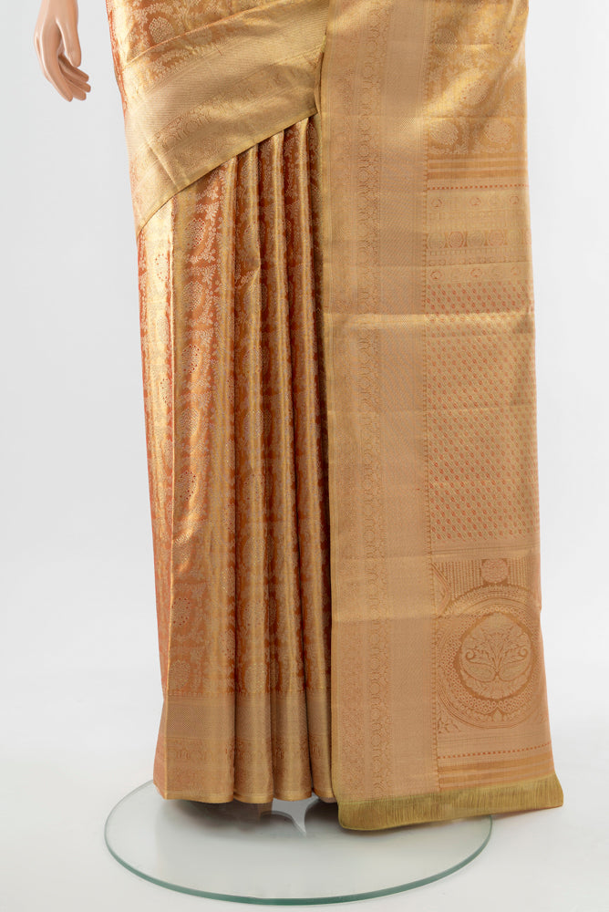 Pleats and pallu of Pure Silk Pure Zari Golden Kanjivaram Saree with Zari Brocade on the body and Silk Border. 