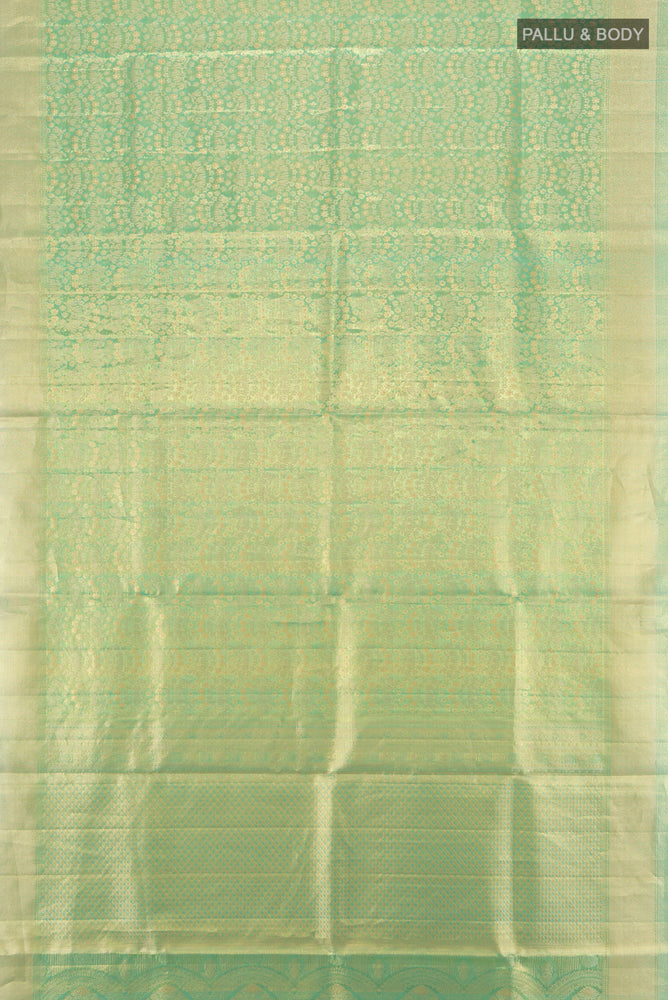 Flat view of Golden Kanjivaram Silk Saree with Zari Brocade on the body and Silk Border. 