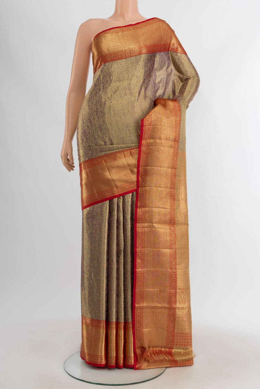 Violet Kanchipuram Tissue Silk Saree with Zari Brocade on the body and Zari Border.  displayed on a mannequin