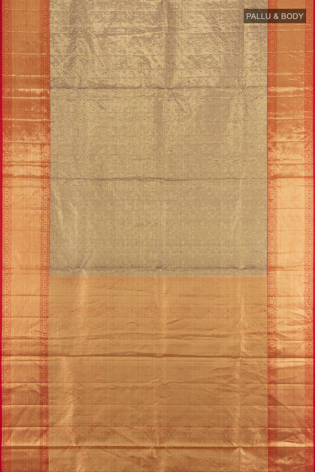Flat view of Violet Kanchipuram Tissue Silk Saree with Zari Brocade on the body and Zari Border. 