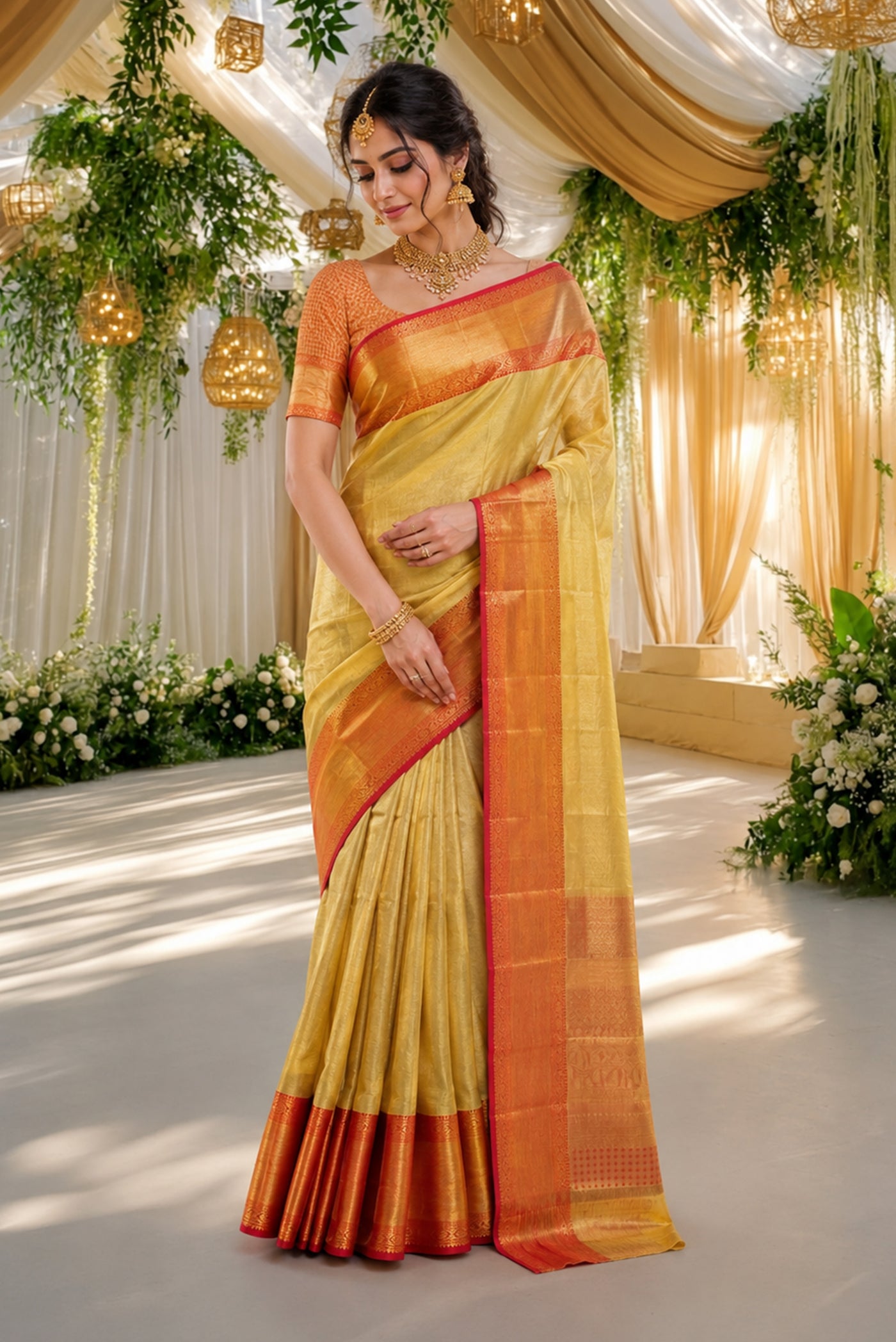 Model wearing a Golden Kanchipuram Tissue Silk Saree with Zari Brocade on the body and Zari Border.