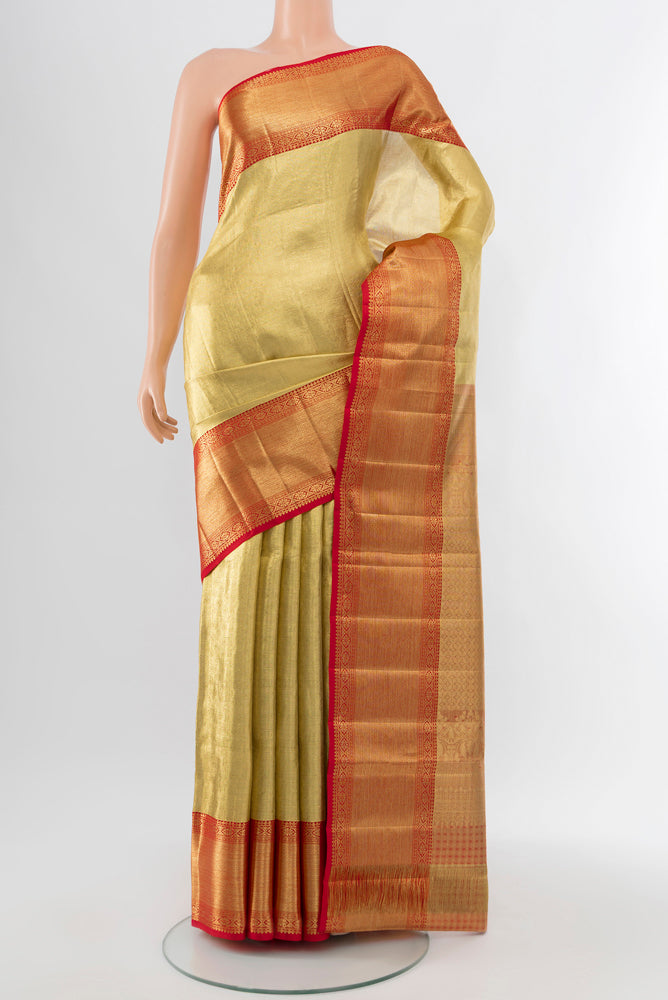 Pure Silk Pure Zari Golden Kanchipuram Saree with Zari Brocade on the body and Silk Border.  displayed on a mannequin