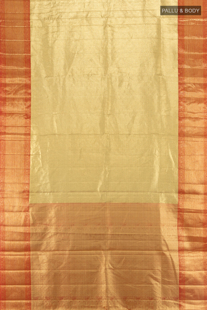Flat view of Pure Silk Pure Zari Golden Kanchipuram Saree with Zari Brocade on the body and Silk Border. 