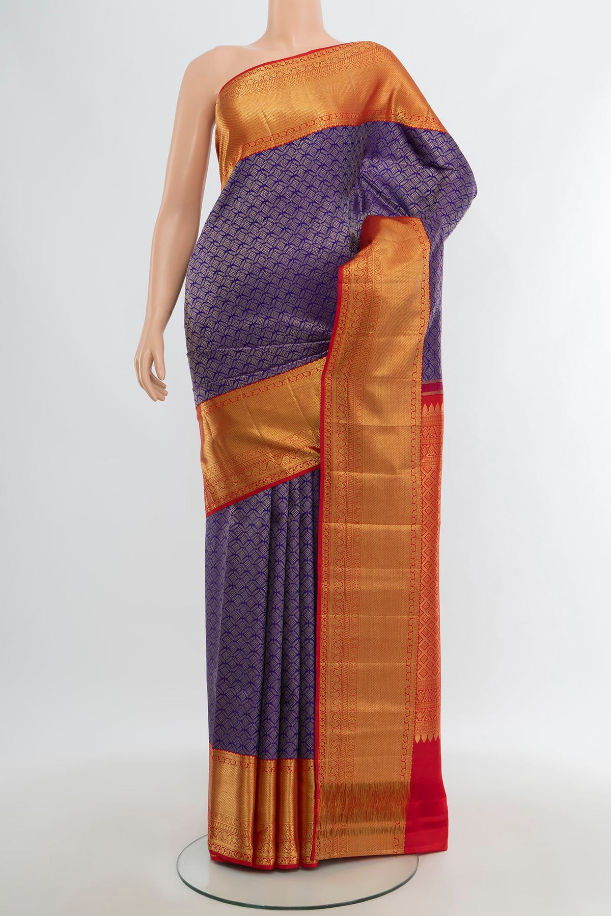 Violet Kanchipuram Silk Saree with Zari Brocade on the body and Zari Border.  displayed on a mannequin