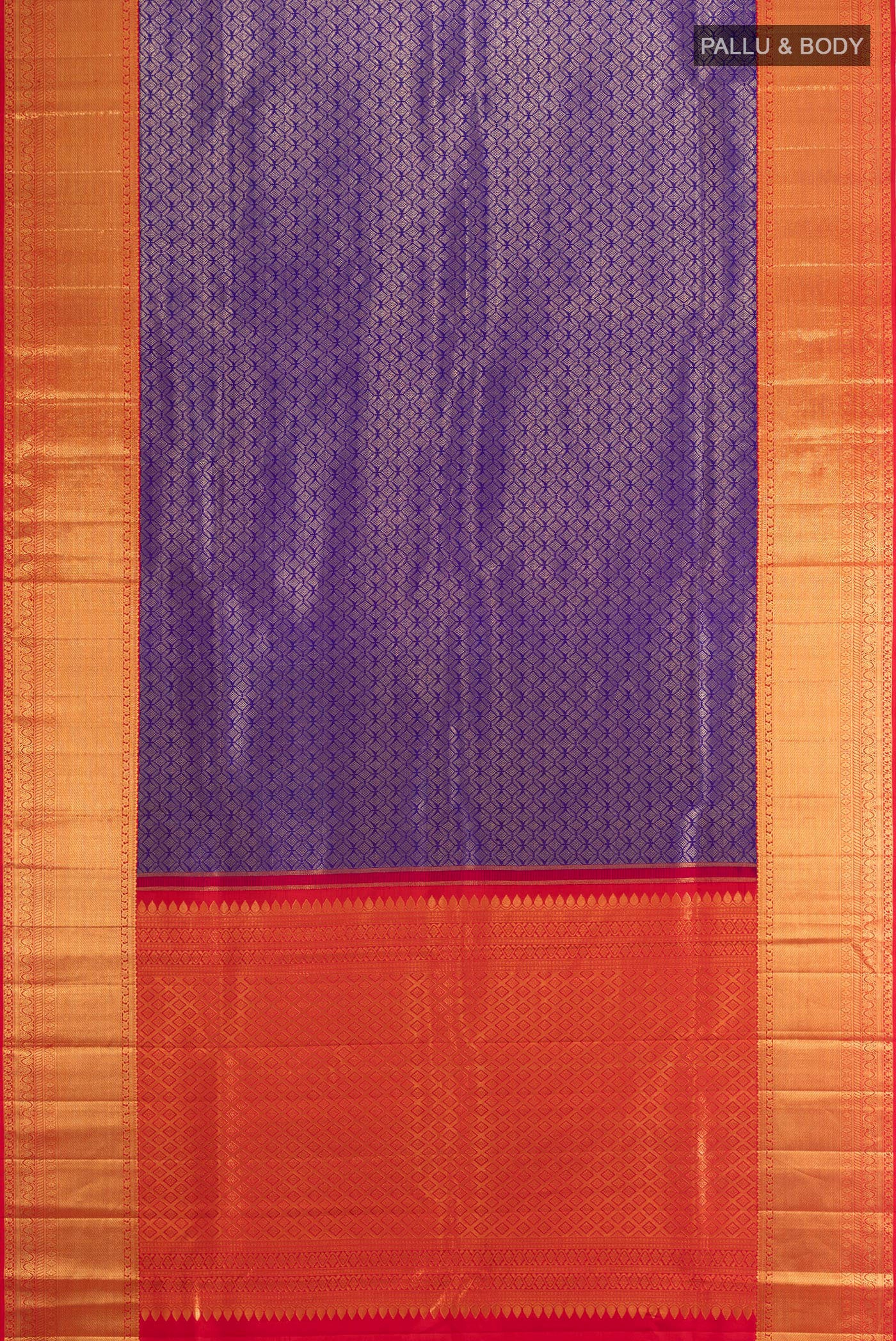 Flat view of Violet Kanchipuram Silk Saree with Zari Brocade on the body and Zari Border. 
