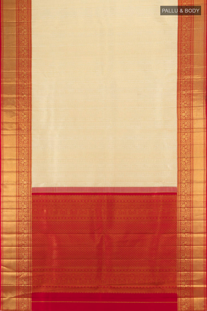 Flat view of Golden Kanchipuram Silk Saree with Zari Butta on the body and Silk Border. 