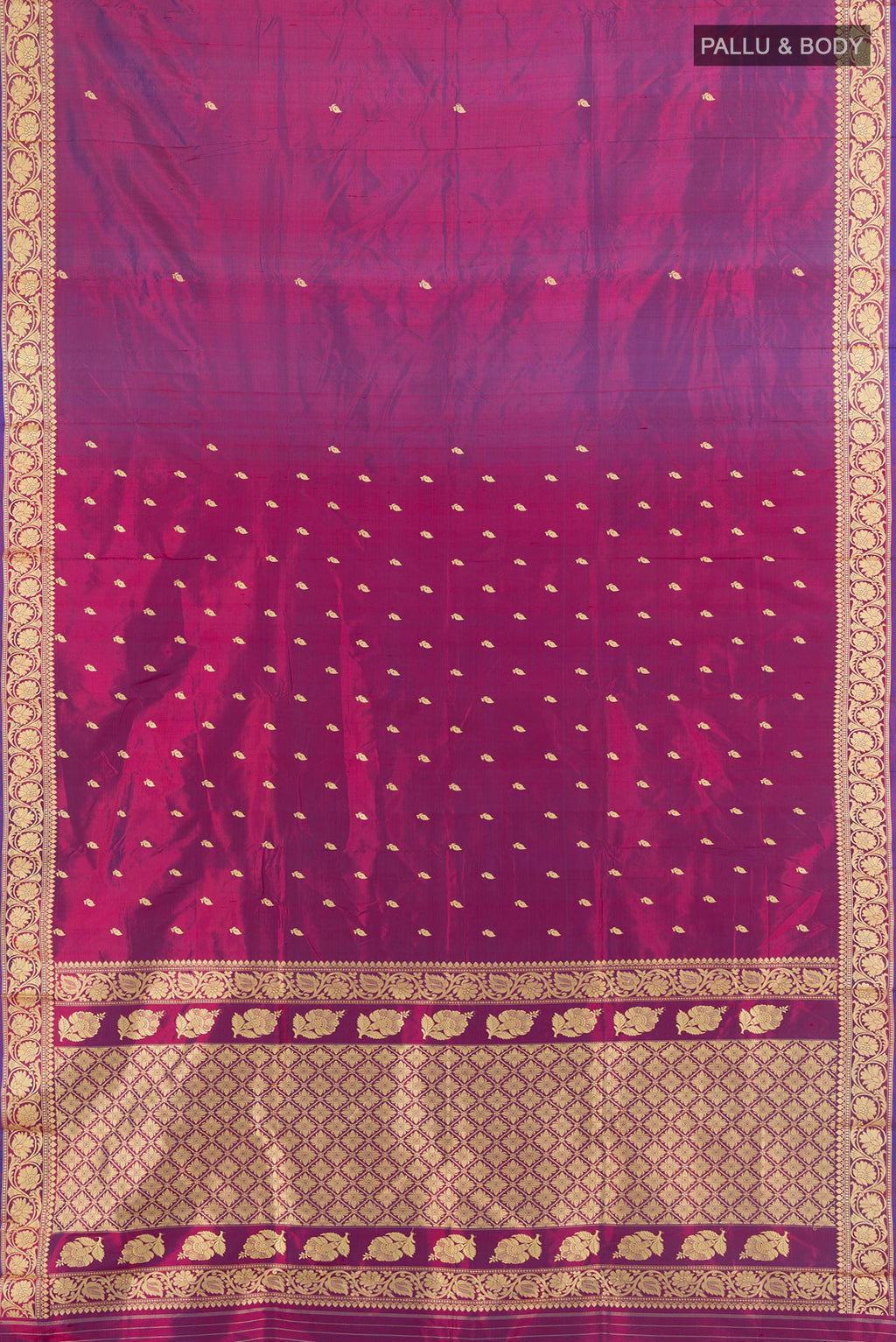 Flat view of Pure Silk Purple Banarasi Katan Saree with Thread Butta on the body and Silk Border. 