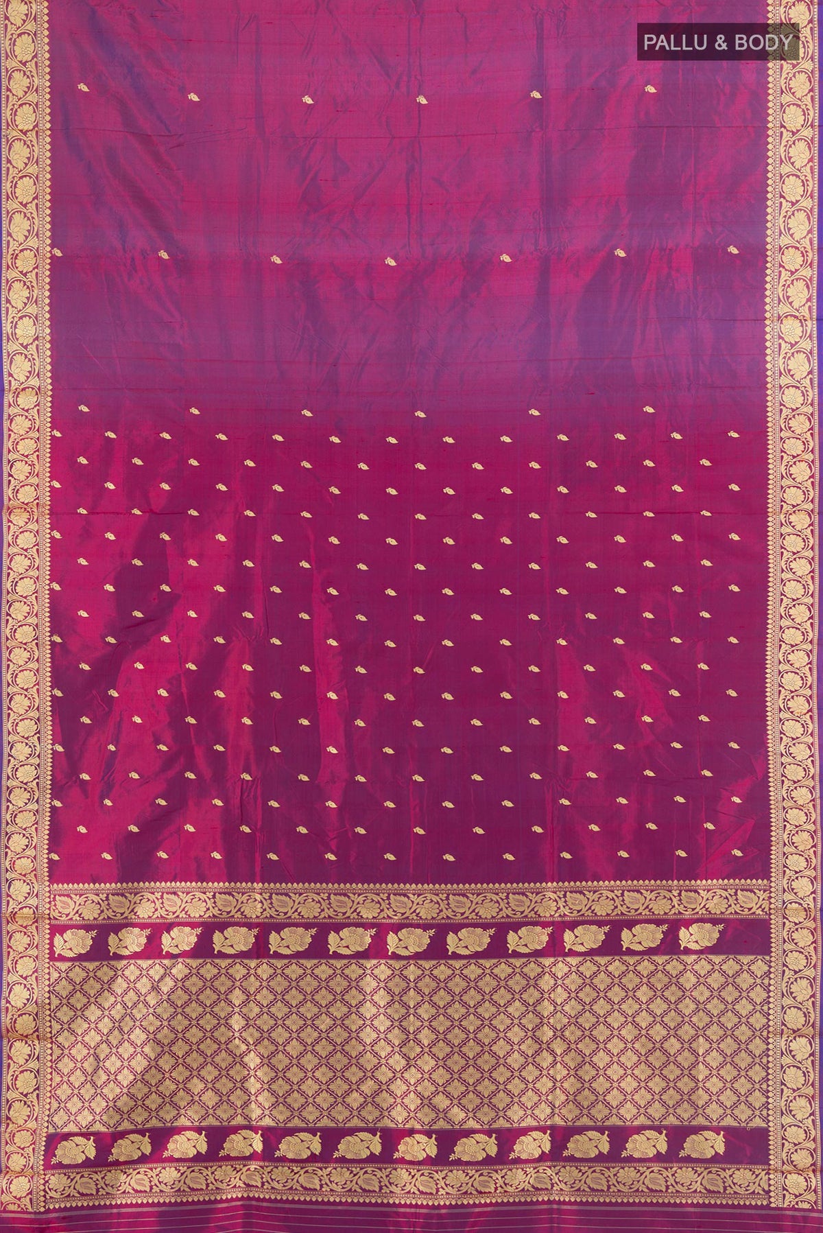 Flat view of Pure Silk Purple Banarasi Katan Saree with Thread Butta on the body and Silk Border. 