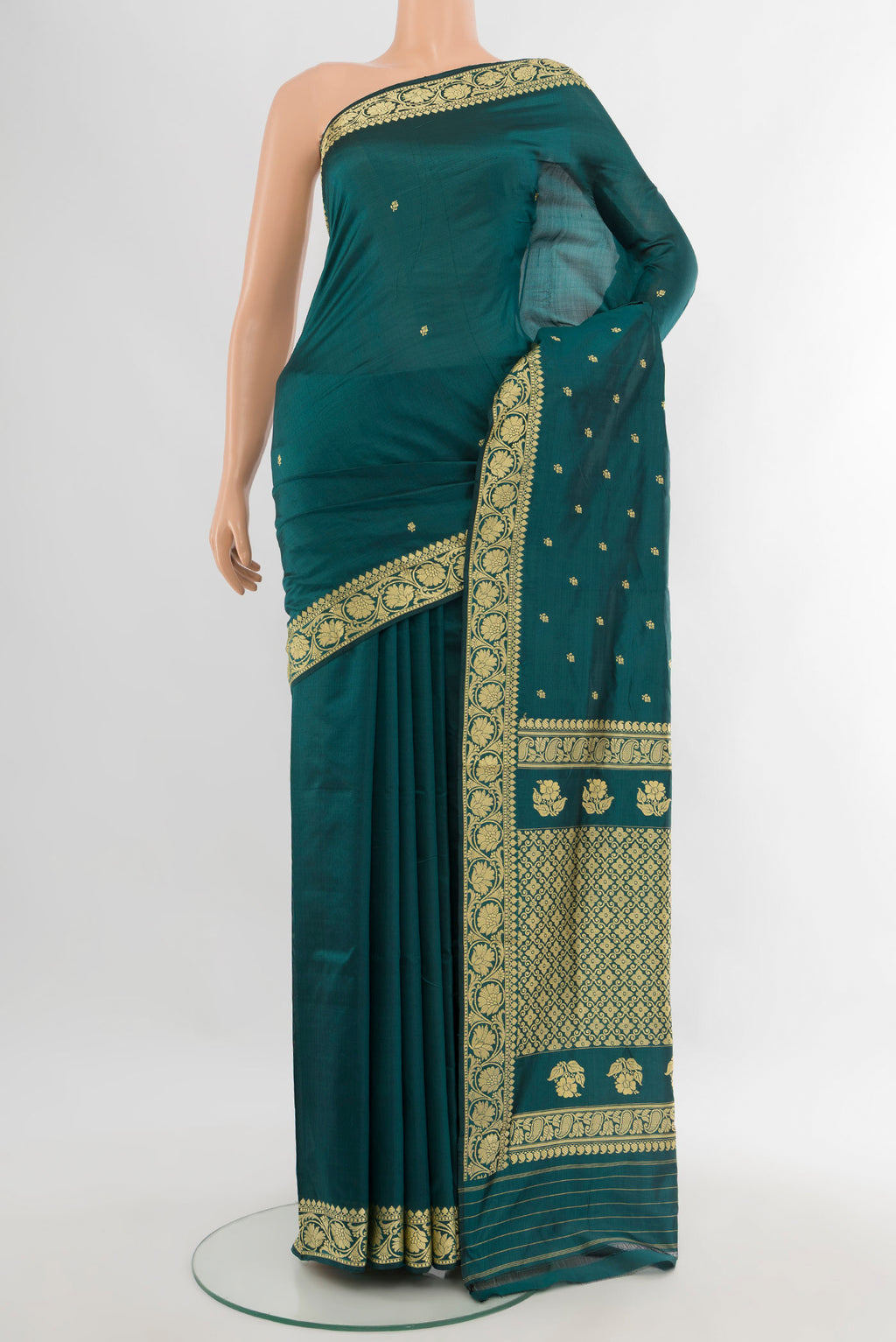 Teal Banarasi Katan Silk Saree with Thread Butta on the body and Thread Border.  displayed on a mannequin