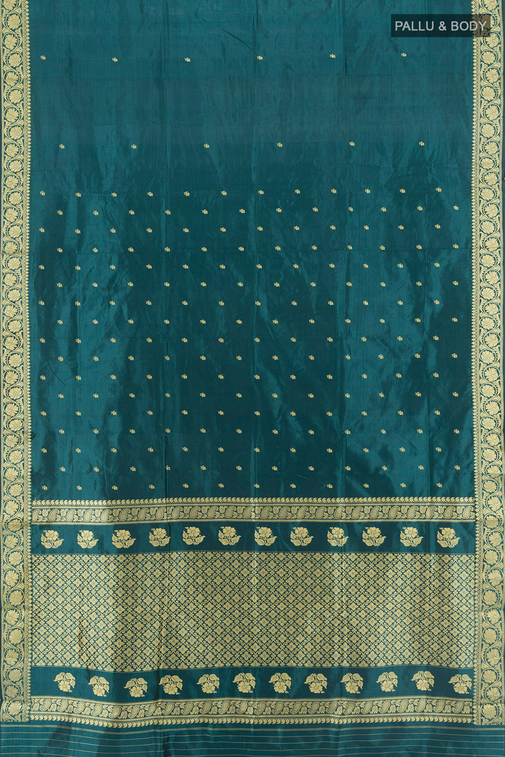 Flat view of Teal Banarasi Katan Silk Saree with Thread Butta on the body and Thread Border. 
