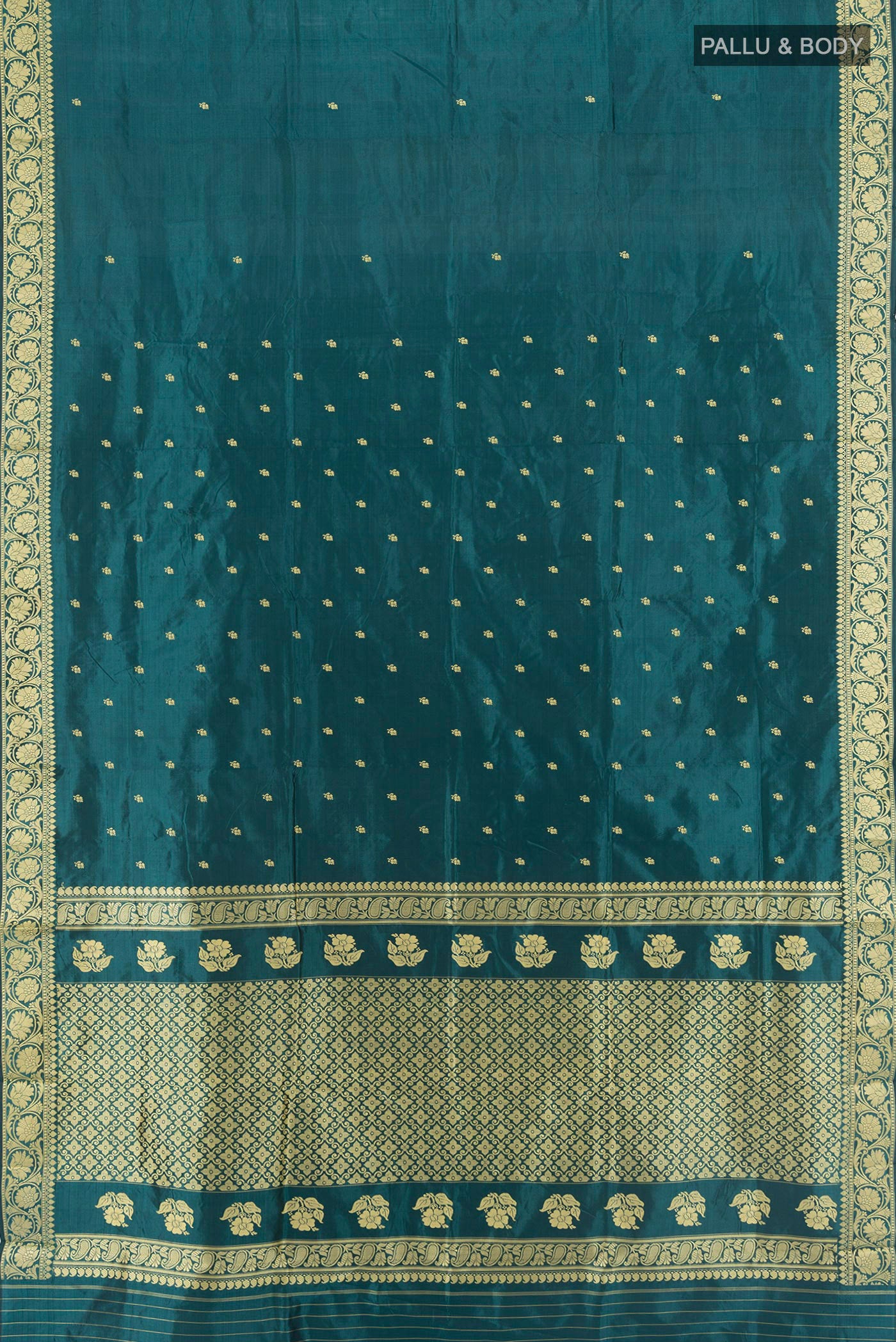 Flat view of Teal Banarasi Katan Silk Saree with Thread Butta on the body and Thread Border. 