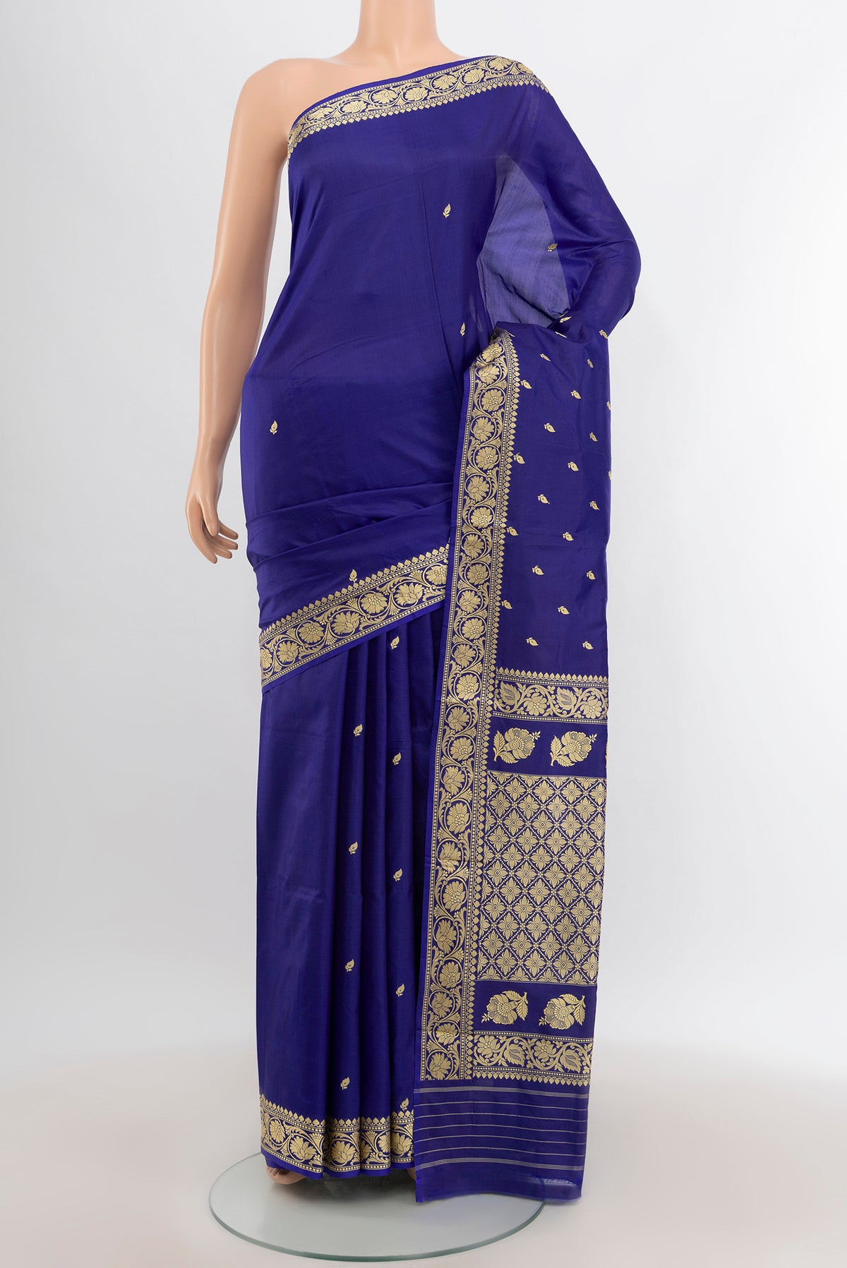 Blue Banarasi Katan Silk Saree with Thread Butta on the body and Thread Border.  displayed on a mannequin