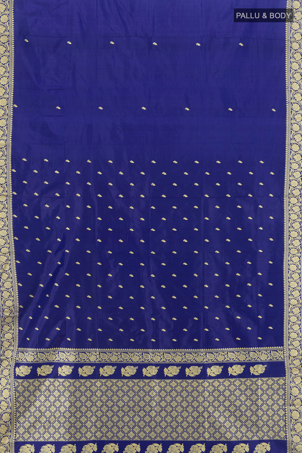 Flat view of Blue Banarasi Katan Silk Saree with Thread Butta on the body and Thread Border. 