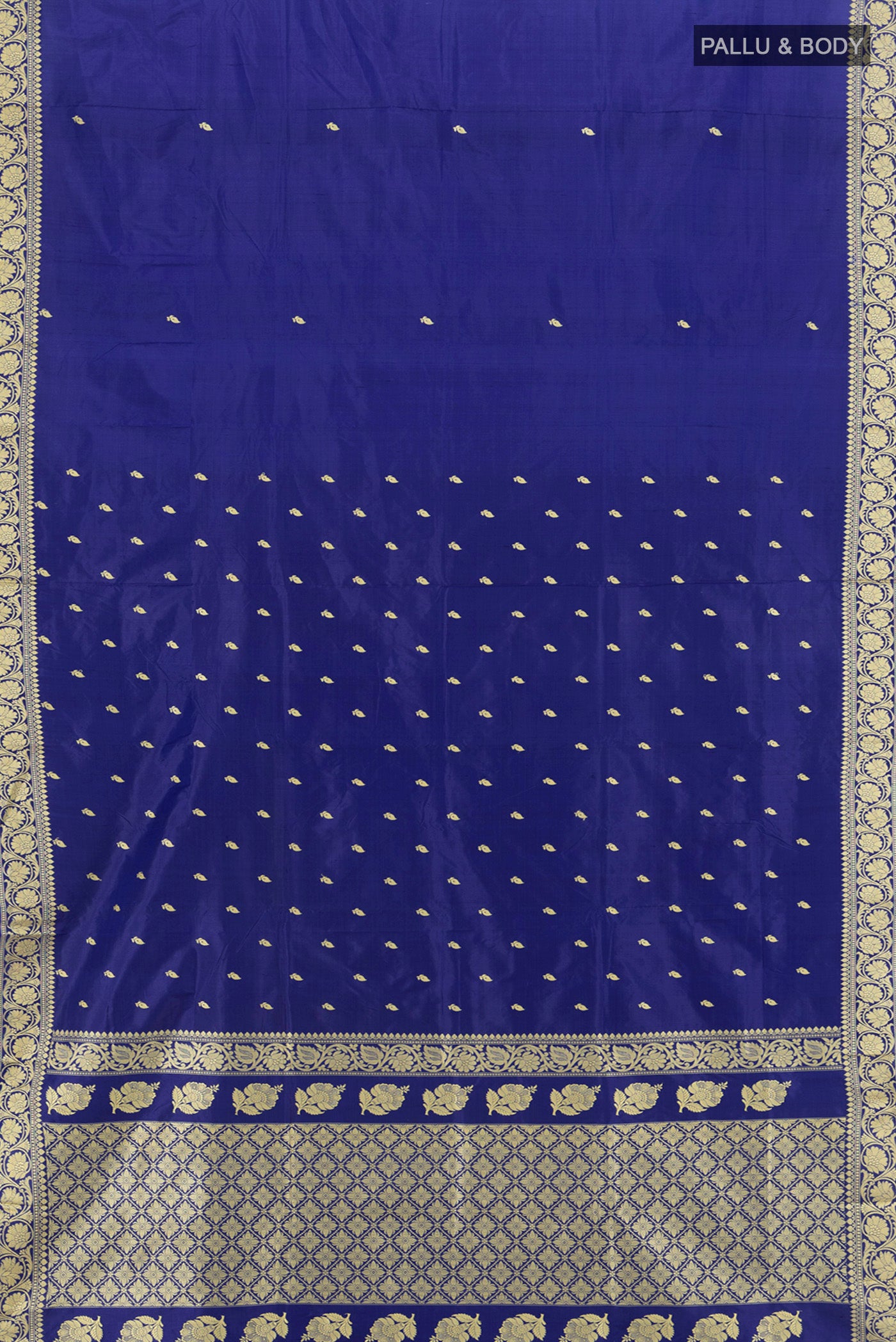 Flat view of Blue Banarasi Katan Silk Saree with Thread Butta on the body and Thread Border. 