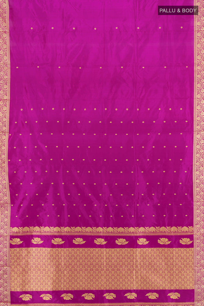 Flat view of Purple Soft Silk Saree with Zari Butta on the body and Silk Border. 