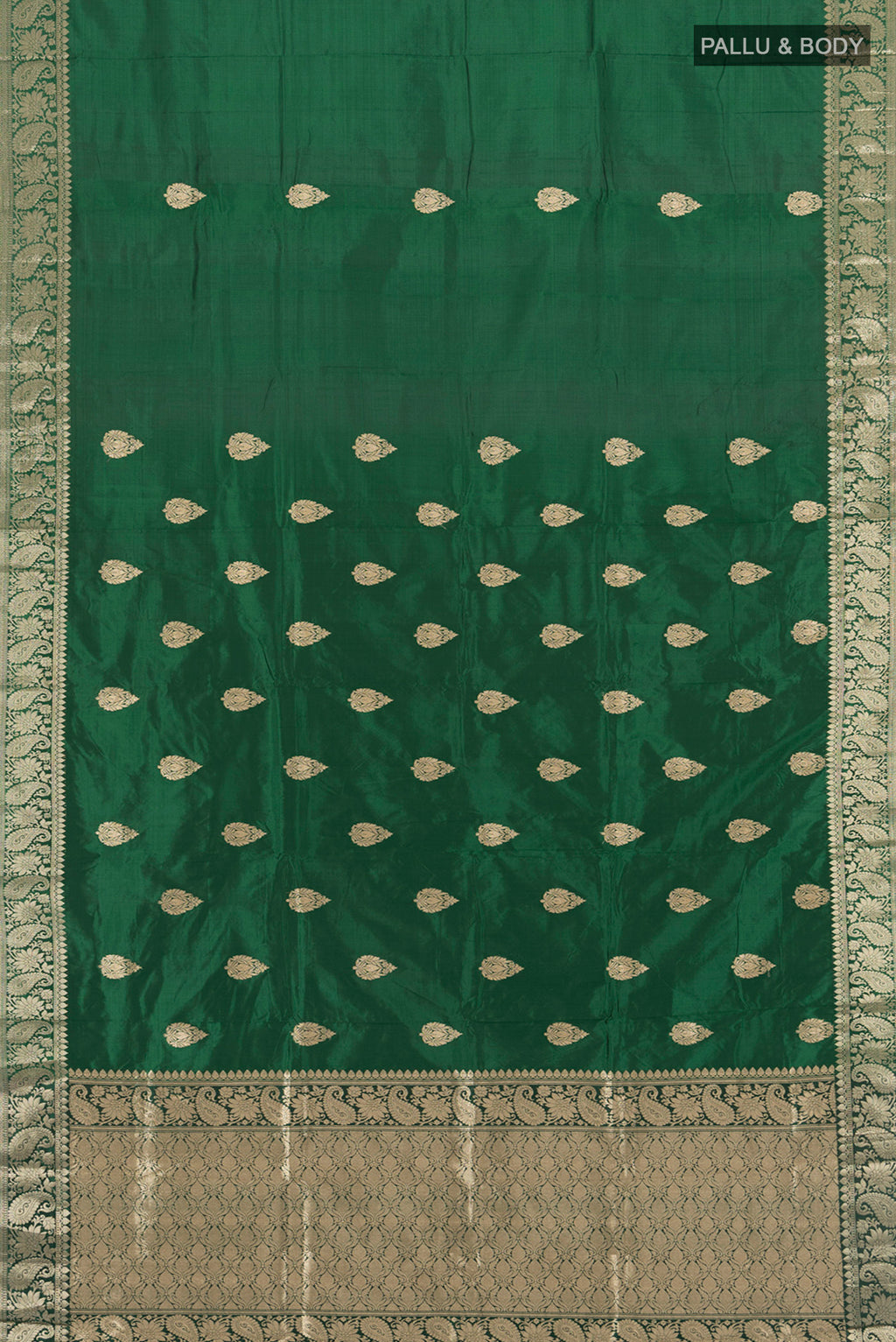 Flat view of Bottle Green Banarasi Katan Silk Saree with Zari Butta on the body and Silk Border. 