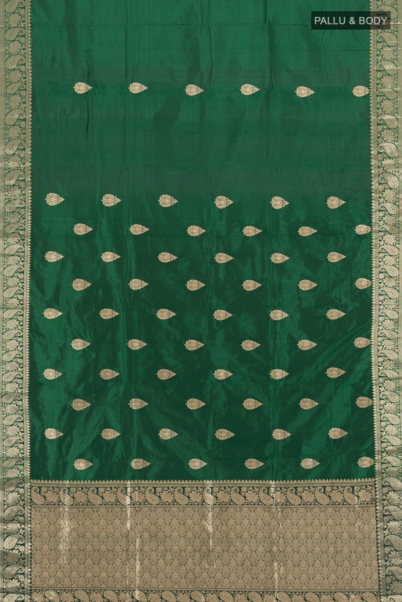 Flat view of Bottle Green Banarasi Katan Silk Saree with Zari Butta on the body and Silk Border. 