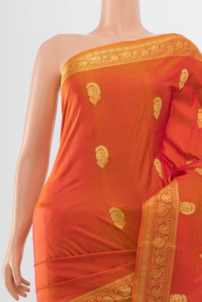 Border image of Golden Peach Banarasi Katan Silk Saree with Zari Butta on the body and Silk Border. 