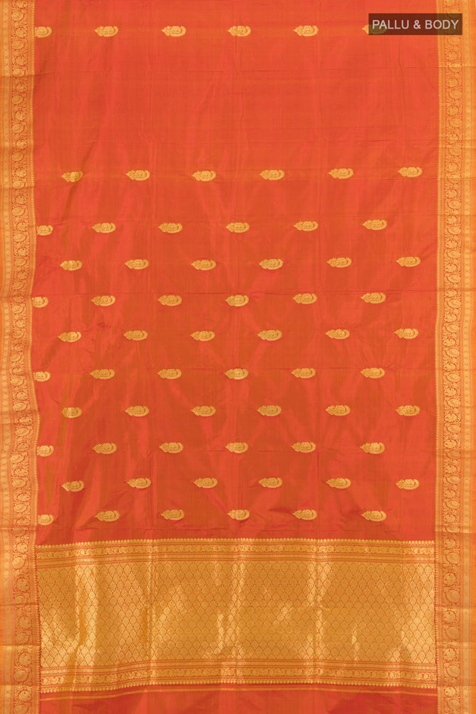 Flat view of Golden Peach Banarasi Katan Silk Saree with Zari Butta on the body and Silk Border. 